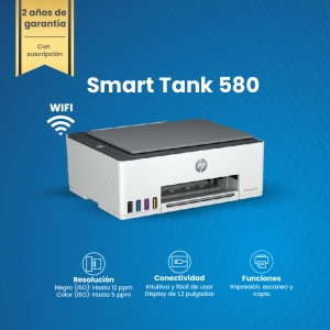 HP, Smart Tank 580, Wireless, Multifuncional, Sistema de tinta continuo - 196068963507